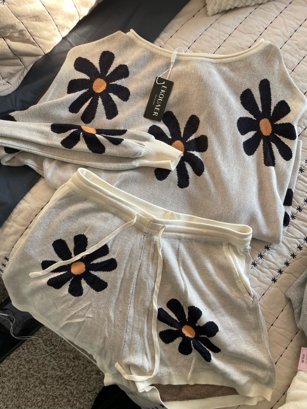 Daisy Knit Lounge Set - Cream with Black & Gold Daisy Print